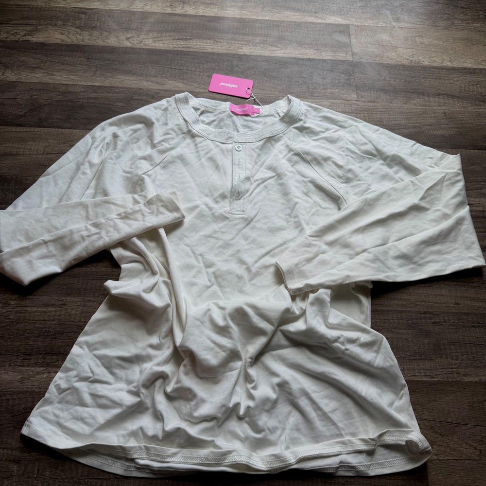 Edikted Womens White Long Sleeve Henley Top Ribbed Raglan Shirt Size M NWT